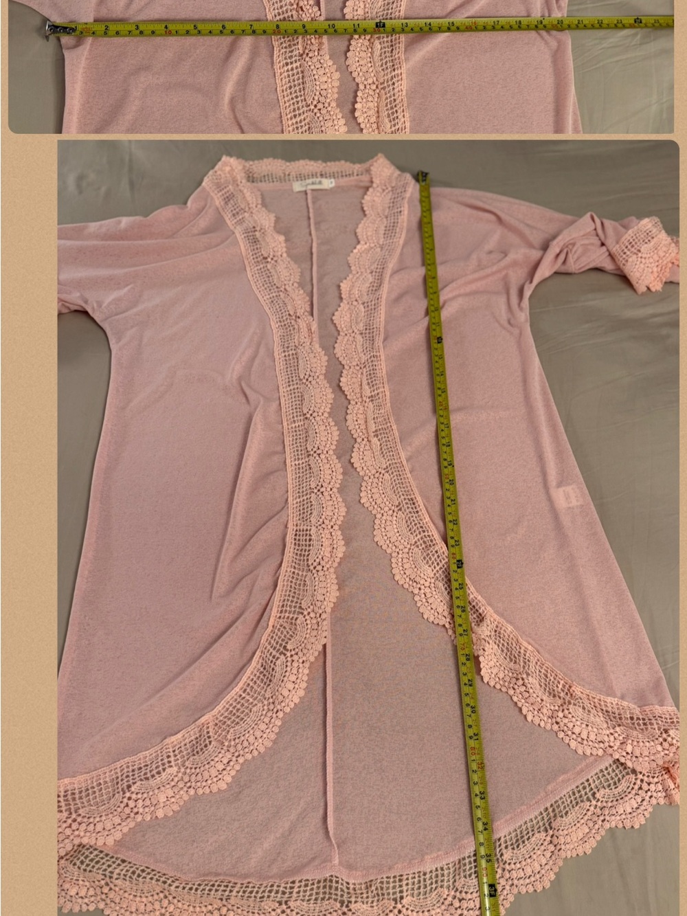 Spadehill Blush Pink Crochet Lace Trim Bell Sleeve Kimono Cardigan M - Picture 15 of 17